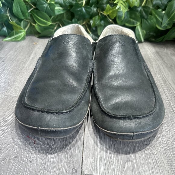 Olukai Moloa Black Leather Wool Lined Slippers Loafers Shoes Men’s Size 11 main image 8